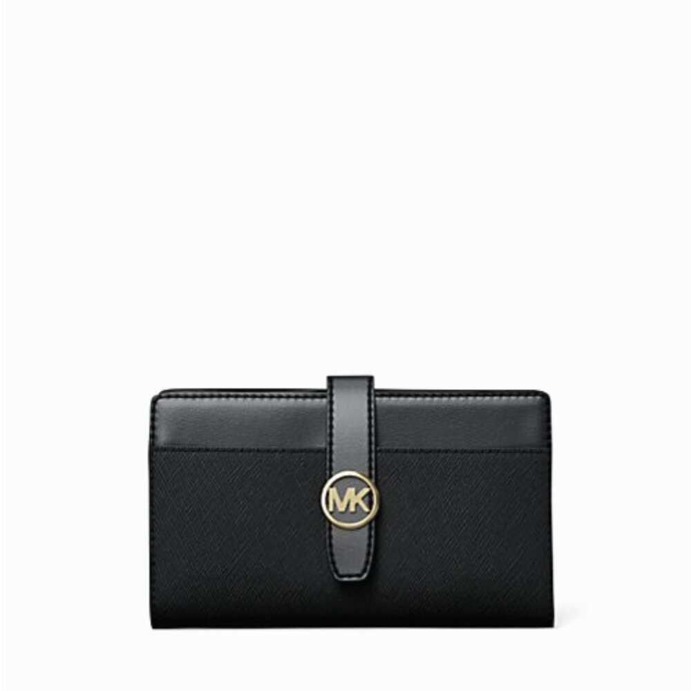 New Michael Kors Greenwich Medium Saffiano Leather Wallet Black with Gold